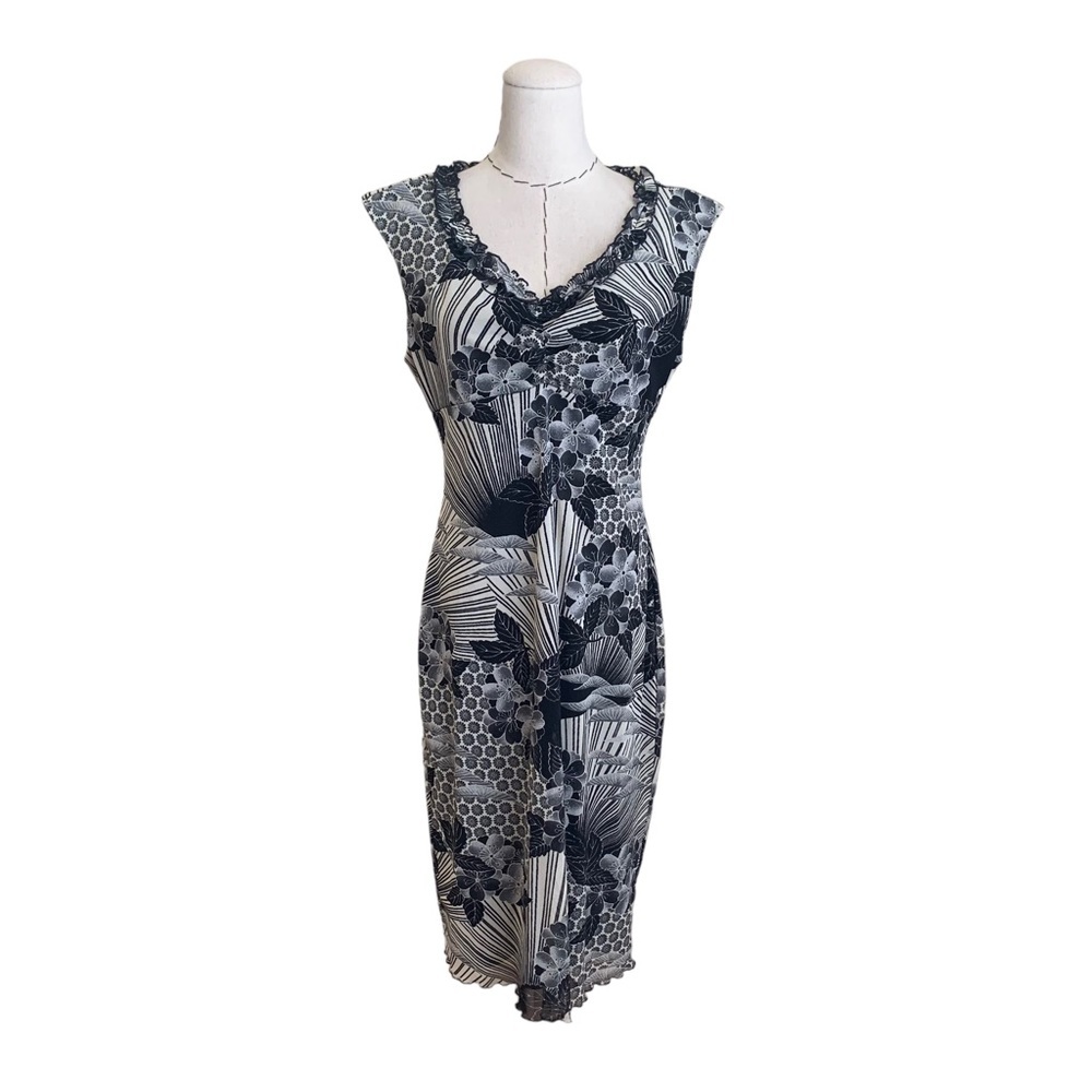 Vintage 90s Mica Black and White Print Mesh Midi Dress Medium